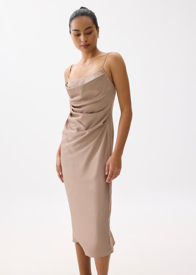 Padded Satin Column Drape Midi Dress