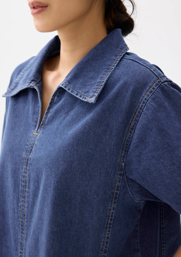 Denim Collared Trapeze Dress - 图片 3
