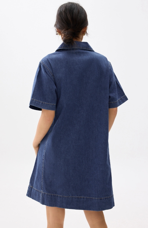 Denim Collared Trapeze Dress - 图片 2